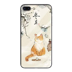 Ốp lưng kính cường lực cho iPhone 7 Plus /8 Plus Nền Mèo Vàng Uống Trà - Hàng Chính Hãng