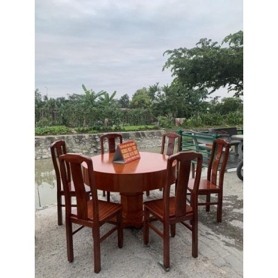 Bộ bàn ăn tròn gỗ hương đá đỏ Nam Phi + 6 ghế chữ thọ