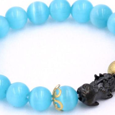 Vòng đeo tay Đá Mắt Mèo Xanh Da Trời size 8 ly, 10 ly, 12 ly - Vòng tay Tỳ Hưu Đôi inox đen VMMXBTHHEV8 - hợp mệnh Mộc, mệnh Thủy