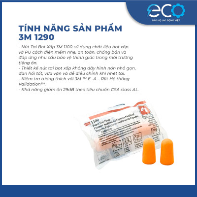 Nút tai chống ồn dạng bọt xốp không dây 3M 1100 giảm tiếng ồn 29dB, hàng chính hãng 3M