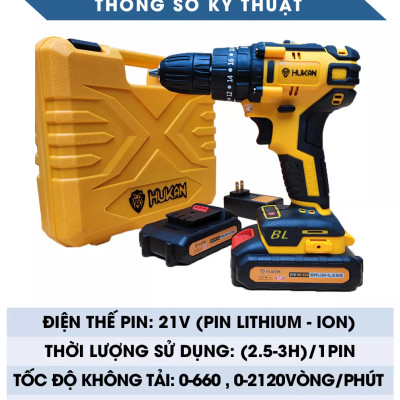 Máy Khoan Pin Hukan 21V KHÔNG CHỔI THAN Tặng Kèm 23 Chi Tiết