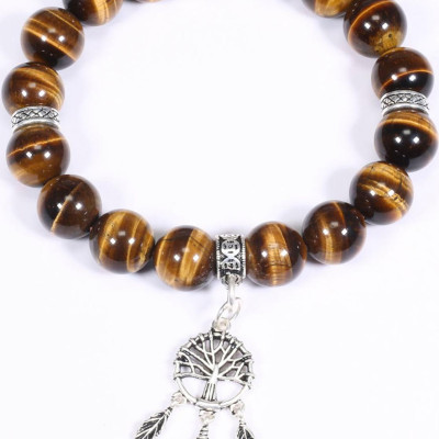 Vòng tay đá thạch anh mắt hổ vàng nâu mix charm dream catcher bạc hạt đá 10mm mệnh thổ, kim - Ngọc Quý Gemstones