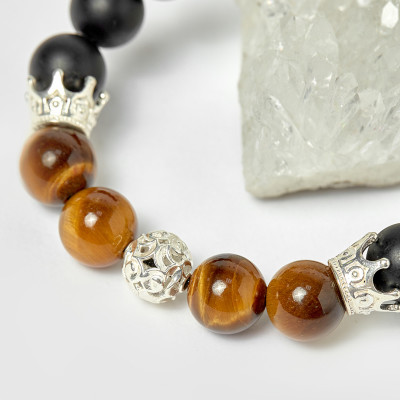 Vòng đá obsidian phối thạch anh mắt hổ vàng nâu và charm vương miệng bạc hạt 10mm - Ngọc Quý Gemstones