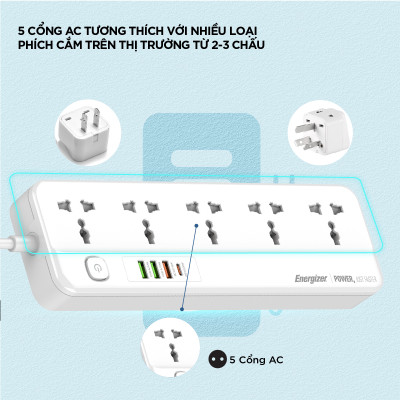 Ổ điện đa năng Energizer 5AC kèm 3USB-A và 1USB-C sạc nhanh PD (max 20W) - White - Chịu tải tối đa 2500W - Hàng chính hãng