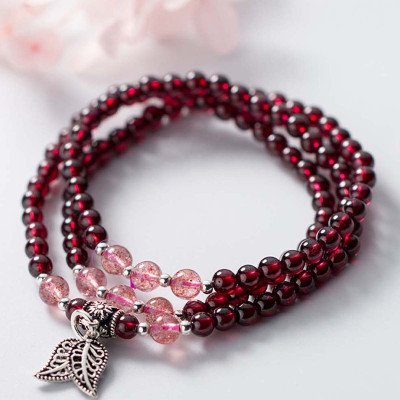 Vòng 2 line đá Garnet charm lá đôi mệnh hỏa, thổ - Ngọc Quý Gemstones