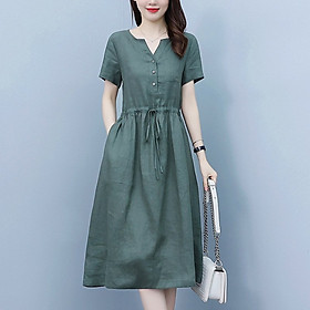 Đầm linen Nữ thiết kế cổ V Trẻ trung Kèm Dây Rút eo
