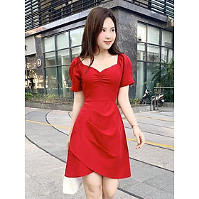 Đầm đỏ cổ tim nhúm ngực dáng xòe sang trọng thiết kế dày vừa phải đứng form dáng  V1515