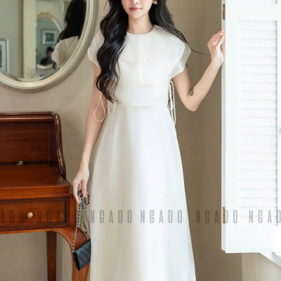 Đầm kem cổ xếp tầng NGADO , đầm xòe