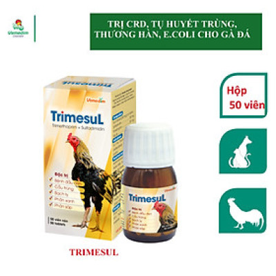 Vemedim Trimesul uống dùng cho gà đá bị CRD, tụ huyết trùng, thương hàn, e.coli, lọ 50 viên