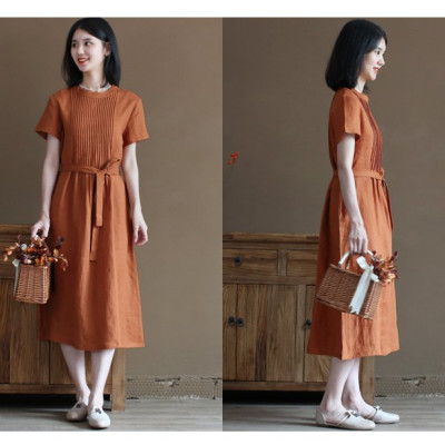 Đầm suông linen nữ cổ tròn kín đáo, đầm có túi chéo tiện lợi, kèm dây thắt eo xinh NH191 cam