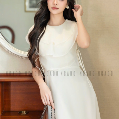 Đầm kem cổ xếp tầng NGADO , đầm xòe