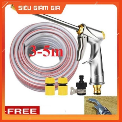 Bộ dây vòi xịt nước rửa xe,tưới cây .tăng áp 3 lần,loại 3m,5m 206701-2 đầu đồng,cút,nối nhựa đen+ tặng mở chai