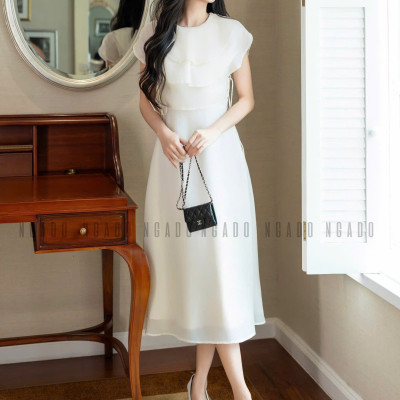 Đầm kem cổ xếp tầng NGADO , đầm xòe