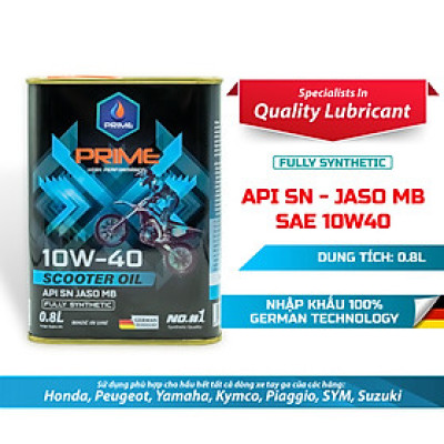 Nhớt Xe Tay Ga PRIME Lon 800ML Tổng Hợp Toàn Phần SAE 10W40, API SN, JASO MB, Nhập Khẩu Chính Hãng Cho AB 125, Lead, Click