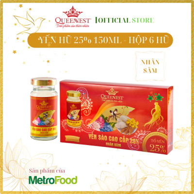 Yến sào chưng sẵn Queennest 25% - vị Nhân Sâm - hũ 150ml - Hộp 6 hũ x 150ml - Hàng Chính Hãng