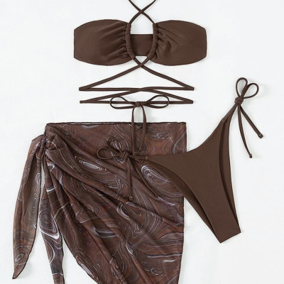 Set Bikini combo 3 món đồ bơi đi biển khoen ngực kèm quây rút sang chảnh