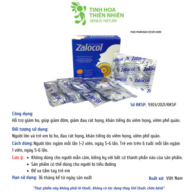 Combo 10 hộp viên ngậm ho thảo mộc Zalocol Hỗ trợ giảm đờm, giảm đau rát họng, khản tiếng do viêm họng, viêm phế quản (Hộp 20 viên) tặng túi gừng- Genat