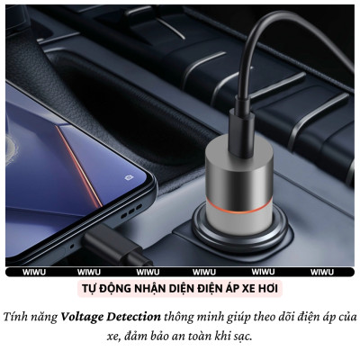 Tẩu củ sạc nhanh xe hơi ô tô PD 60W 2 Type-C USB-A QC3.0 hiệu WIWU Mars cho iphone 16 15 14 13 12 iPad Vivo Oppo samsung Macbook - hàng nhập khẩu