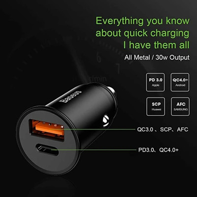 Tẩu sạc trên ô tô Baseus 2 cổng (USB +Type) sạc nhanh Q.C 4.0 30W c- Hàng Chính Hãng